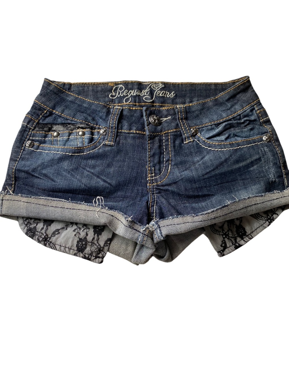 Request Jeans Women's Dark Blue Denim Lace-Trim Cuffed Shorts Size 1 25